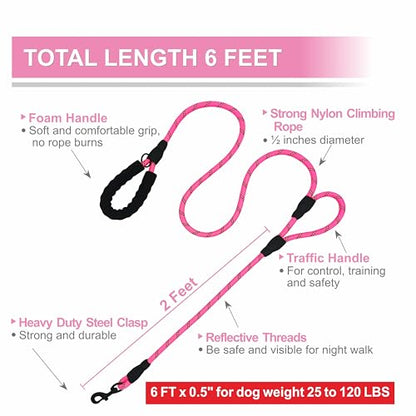 Dog Leash Heavy Duty 6ft, Double Handle Dog Leash with Padded Handle for Traffic Control, Reflective Rope Leashes for Large and Medium Dogs Night Control Safety Training (Pink) - color: Pink (25 to 120 lbs)