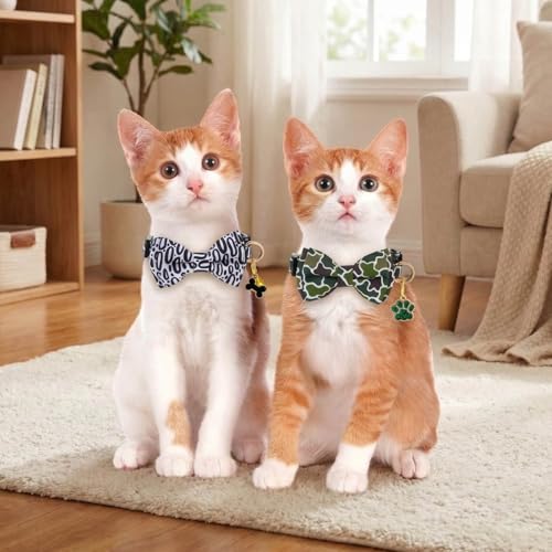 2 Pack Breakaway cat Collar with Bow Tie and Bell,Adjustable Soft Cotton Pet Collar with Pink and Red Bow Patterned Design for Kitten Adult Cats (Camouflag & Black) - color: Camouflage & Black