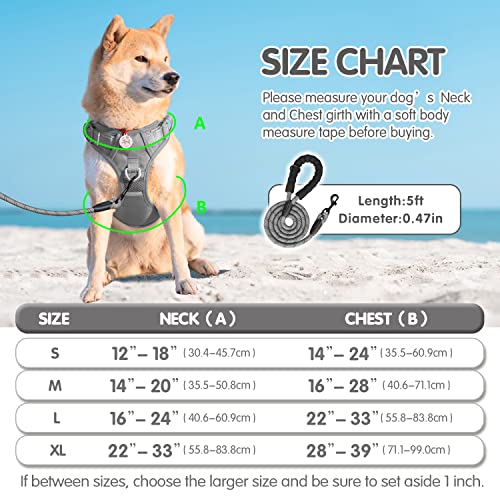 PoyPet No Pull Dog Harness and 5 Feet Leash Set, Release on Neck Reflective Adjustable Pet Vest, Front & Back 2 D-Ring and Soft Padded Pet Harness with Handle for Small to Large Dogs(Grey,S) - color: Grey, size: S