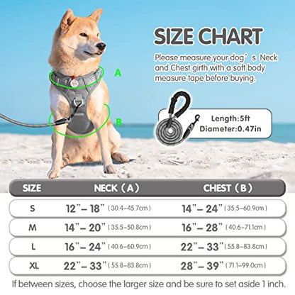 PoyPet No Pull Dog Harness and 5 Feet Leash Set, Release on Neck Reflective Adjustable Pet Vest, Front & Back 2 D-Ring and Soft Padded Pet Harness with Handle for Small to Large Dogs(Grey,M) - color: Grey, size: Medium