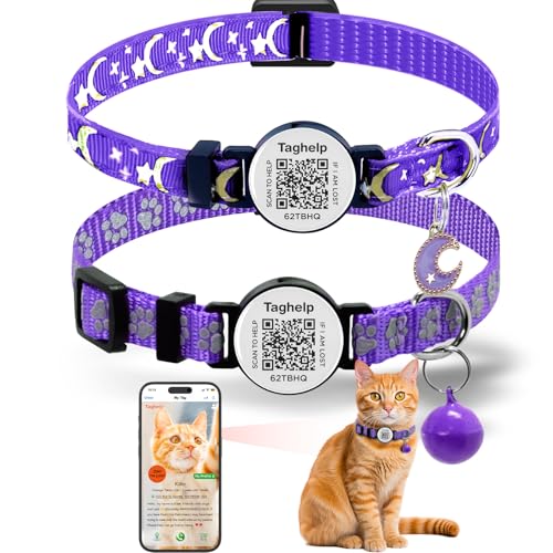 Smart Safety Cat Collar 2-Pack: Luminous Night Glow & QR Code Pet ID Tag, Breakaway Reflective Adjustable Collar (7.5-12.5”) for Indoor/Outdoor Cats, Purple - color: Star Moon & Paw pattern - Purple, size: Collar Only