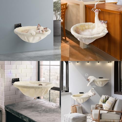 JUNSPOW Cat Hammock Wall Mounted, Foldable & Stable Cat Beds- Breathable Cats Wall Shelves for Sleeping, Playing, Climbing, and Lounging - Maximum Hold Up to 30lb（Cream,Faux Rabbit Fur） - color: Cream