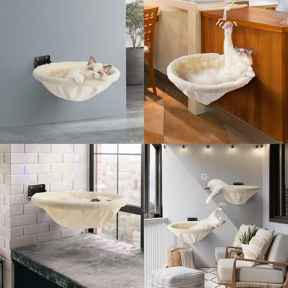JUNSPOW Cat Hammock Wall Mounted, Foldable & Stable Cat Beds- Breathable Cats Wall Shelves for Sleeping, Playing, Climbing, and Lounging - Maximum Hold Up to 30lb（Cream,Faux Rabbit Fur） - color: Cream