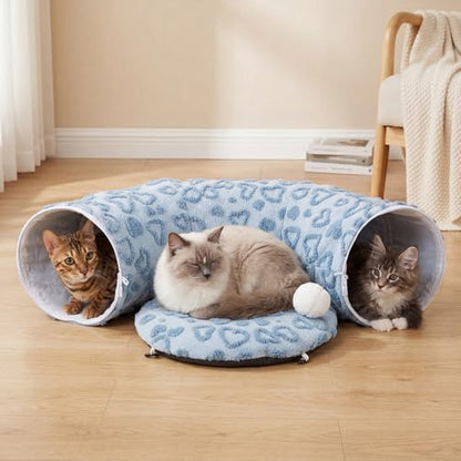 Cat Tunnel Bed, Cute Cat Tunnel Toy with Washable Cushion, Fits Indoor Cats up to 25 lbs, Cute Peekaboo Cave Pet Bed for Kittens, Rabbits, Blue Heart - color: Blue Heart