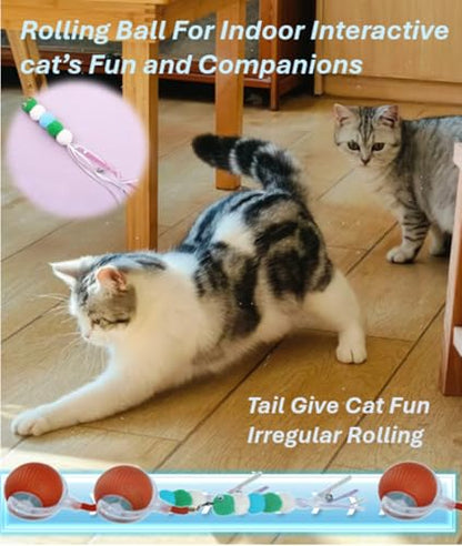 Newly Interactive Cat Toy Ball with Funny Tail and Bell-Automatic Movement for Indoor Cats, 3 Speeds Rechargeable Cat Entertainment Toys for All Cats to Keep Them Curious (Red)