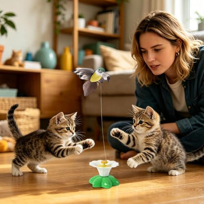 Cat Enrichment Toys | Cats Suction Cup Electric Flying Bird Wand with Feathers | Indoor Kitten Exercise Toy | for Living Room Home Balcony Apartment Boredom Relief