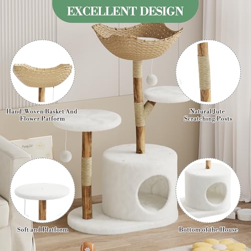 Modern Cat Tree, Solid Wood Cat Tree Tower with Hand-Woven Basket Cat Condo, Natural Jute Scratching Posts Modern Cat Tower with Plush Perches & Dangling Balls, Cat Trees for Kittens & Adult Cats - size: Two Branch