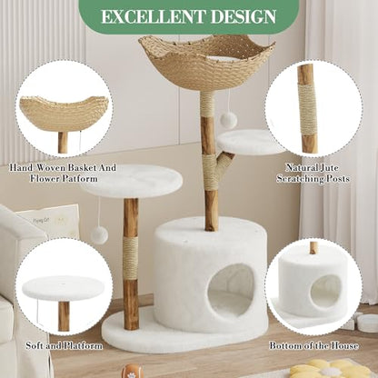 Modern Cat Tree, Solid Wood Cat Tree Tower with Hand-Woven Basket Cat Condo, Natural Jute Scratching Posts Modern Cat Tower with Plush Perches & Dangling Balls, Cat Trees for Kittens & Adult Cats - size: Two Branch