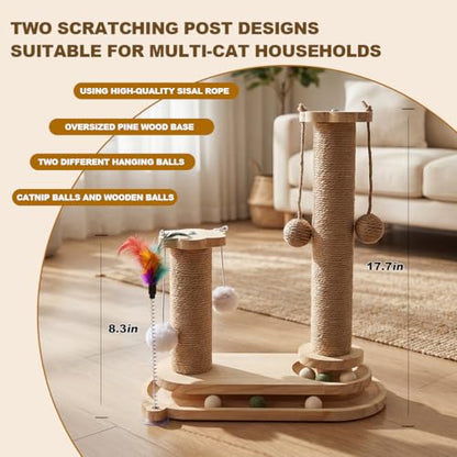 Cat Scratching Post, Sisal Cat Scratcher Post - 4-in-1 Cat Solid Wood Activity Center | Indoor Interactive Cat Toy with Trackball (Rolling), Feather Teaser, Hanging Balls & Natural Catnip Ball