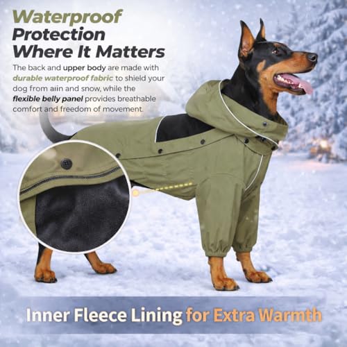LOVELONGLONG Fleece-Lined Dog Raincoat with Removable Hood – Waterproof Winter Full Body Dog Jacket – Windproof Snowproof Cold-Weather Suit – Green-F XXS - color: Sage Green Fleeced, size: XXS (Back 9")