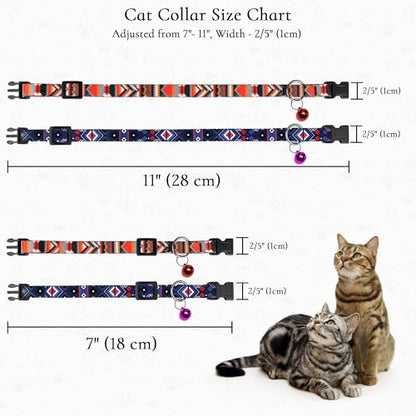 2 Pack Cat Collars with Bell - Breakaway Soft Collar for Girl & Boy Cats, Adjustable Safety Cute Kitten Collars – Comfortable Stylish Patterned Print Design Lightweight (Geometric + Boho) - color: Geometric + Boho