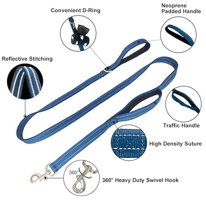 Dual Padded Handle Walking and Training Standard Leashes for Large Dogs with Reflective Stitching, 360° Rotatable Heavy Duty Metal Buckle, D-Ring, Durable Nylon, 6Ft Long 1" Wide - color: Blue, size: 6Ft