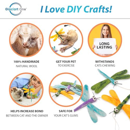Glaciart One Cat Wand Toy Refill – 3pcs Wool Dragonfly Felt Cat Toy, Durable Lures Attachments for Indoor Play - Filled w/Organic Catnip to Excite/Calm Pet - color: Dragonfly