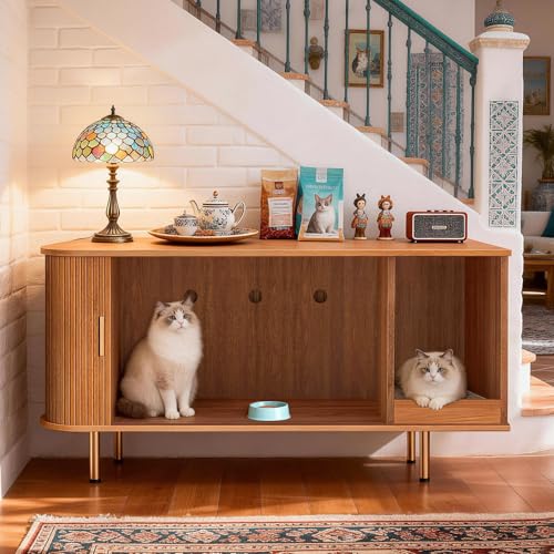 DHH Cat Litter Box Enclosure with Scratch Pad, Sliding Door, 38.5" Cat Litter Furniture Hidden Litter Box Cabinet, Modern Indoor Cat House, TV Stand, Side End Table for Living Room(Yellow Walnut) - color: Yellow oak
