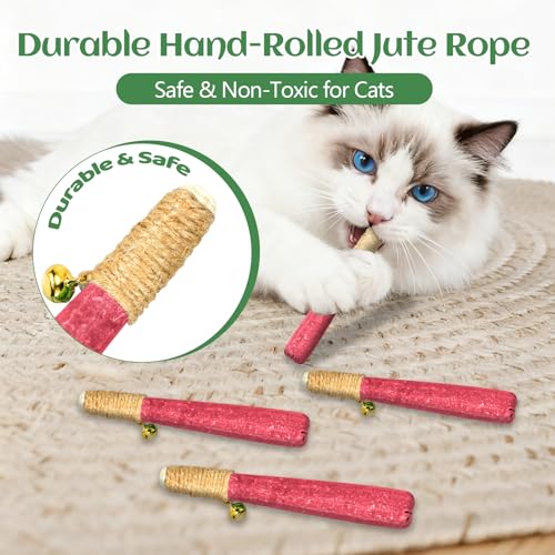 4 Pack Hand-Rolled Catnip Sticks with Chew Rope & Bell -Shaped Cat Toys for Indoor Cats and Kicker Toys, Teething Chew and Play Fun (Pink) - color: Pink