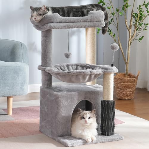Cat Tree 32 Inches Small Cat Tower with Large Hammock Dia 15.7”,Self Groomer, Fully Scratching Post, Removable Top Bed and Wide Hideway Condo for Indoor Cats-Gray - color: Gray, size: Medium-32"