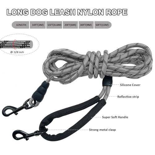 Long Dog Leash, 10/15/20/30/50FT Dog Training Leash with Soft Handle, Reflective Heavy Duty Rope Dog Lead for Medium Large Dogs Outside Play, Camping (3/8" x 30ft, Black) - color: Black, size: 30ft x 3/8inch