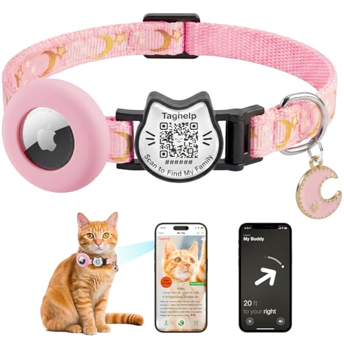 Breakaway Cat Collar with Integrated AirTag Holder & QR Code ID Tag - Reflective Safety Collar for Cats, Adjustable Lightweight Kitten Collar with smart tag,0.4" Width(Pink) - color: Pink, size: with Integrated AirTag Holder