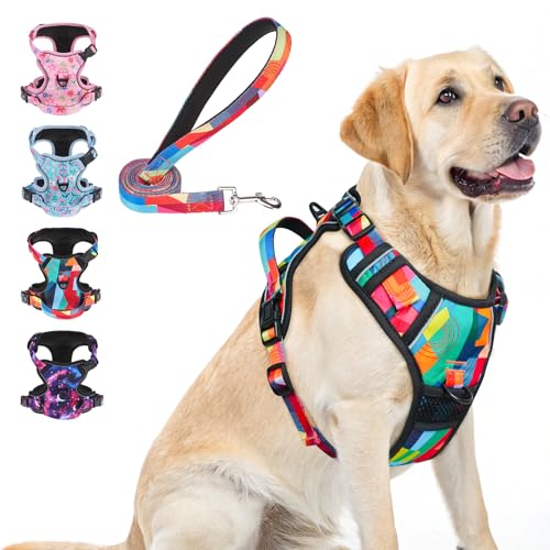 BEAUTYZOO No Pull Dog Harness Large, Adjustable Dog Harness and Leash Set -Easy Wearing with 3 Buckles/Control Handle,No Choke Soft Padded Reflective Pet Vest for Training Walking Hiking, L - color: Geometry, size: L: chest 22"-33"