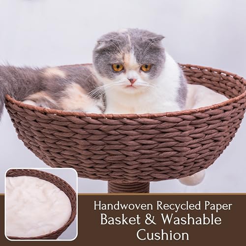 PetPals 5-Level 35" Cat Tree Tower with Paper Handwoven Basket Bed,Multi-Level Climbing Activity Tower with Replaceable Paper Rope Scratching Posts (Cream and Brown) - color: Cream and Brown
