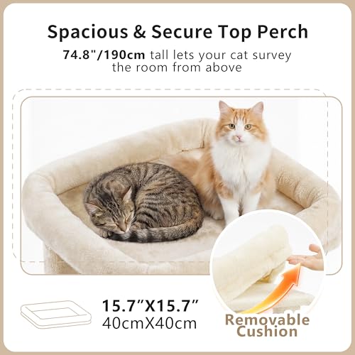 Heybly Cat Tree, 74.8-Inch Spacious & Tall Cat Tower for Large Cats, Cat Furniture with Large Top Perch, Solid Base, 2 Cat Condos, Hanging Hammock, Durable Sisal Scratching Posts, Beige HCT062MJ - color: Beige New