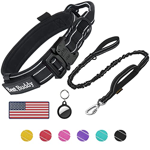 AUBELL Tactical Dog Collar and Leash Set, Reflective Adjustable Heavy Duty Military K9 Collars with Handle and Metal Buckle for Medium Dogs, with Airtag Case and 2 Patches(Black,M) - color: Black Set, size: M(13.5"-17")