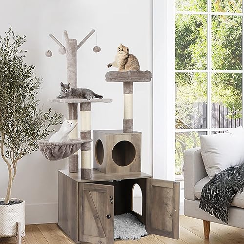 Timberer Litter Box Enclosure with Cat Tree, 2-in-1 Cat Tree Tower, Hidden Cat Litter Box Furniture with Scratching Post, Modern Cat Condo, Grey - color: Grey