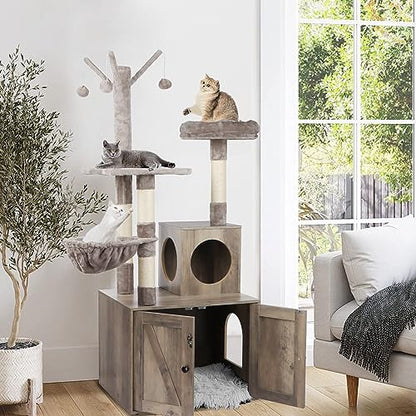 Timberer Litter Box Enclosure with Cat Tree, 2-in-1 Cat Tree Tower, Hidden Cat Litter Box Furniture with Scratching Post, Modern Cat Condo, Grey - color: Grey