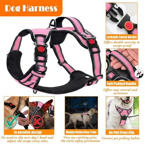 LOBEVE No Pull Dog Harness, Collar & Leash Set | Includes Dog Seat Belt, Collapsible Bowls & Poop Bag Dispenser. Ideal for Training, Walking, Hiking. Fits Small to Large Dogs(Pink-S) - color: Pink, size: Small