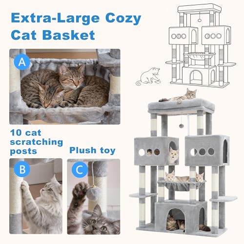 Hey-brother Cat Tree Tower, Large Sisal Scratching Posts with Big Platform, 3 Spacious Condos, Plush Hammock, Toy, 57.5 Inches Multi-Level Furniture for Indoor Adults Maine Coon, Light Gray MPJ083W - color: Light Gray