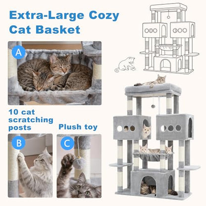 Hey-brother Cat Tree Tower, Large Sisal Scratching Posts with Big Platform, 3 Spacious Condos, Plush Hammock, Toy, 57.5 Inches Multi-Level Furniture for Indoor Adults Maine Coon, Light Gray MPJ083W - color: Light Gray