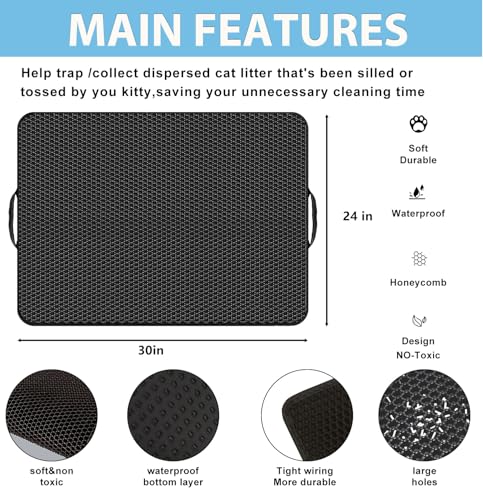 Cat Litter Mat with Handles, 30"x 24" Litter Trapping Mat, Double Layer Honeycomb Litter Box Mat, Waterproof Urine Proof Kitty Litter Mat,Easy Clean Scatter Control