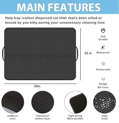 Cat Litter Mat with Handles, 30"x 24" Litter Trapping Mat, Double Layer Honeycomb Litter Box Mat, Waterproof Urine Proof Kitty Litter Mat,Easy Clean Scatter Control