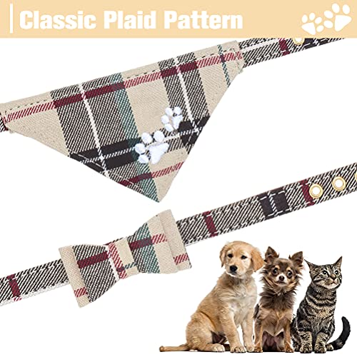 EXPAWLORER Dog Collar and Leash Set - Plaid Dog Collar with Pawprints and Bow Tie, Cat-Friendly, Beige S-M - color: Beige, size: S-M