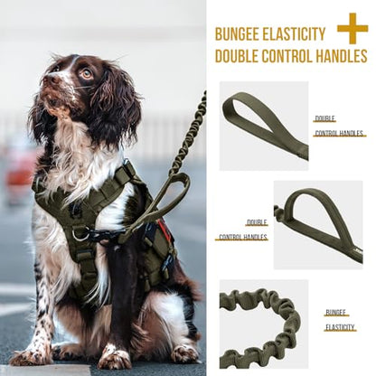 OneTigris Tactical Dog Training Bungee Leash with 2 Control Handle Quick Release Nylon Leads Rope(Ranger Green) - color: Green