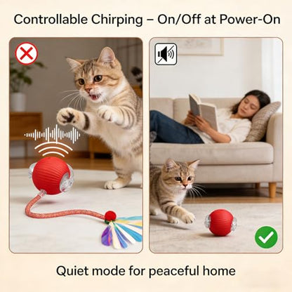 Speedy Tail 2.0 Cat Toy – 2 Replaceable Tails, Controllable Chirping, Motion Activated Rolling Ball, USB Rechargeable – Enrichment & Exercise for Bored Indoor Cats, Kittens (Red) - color: A-Red