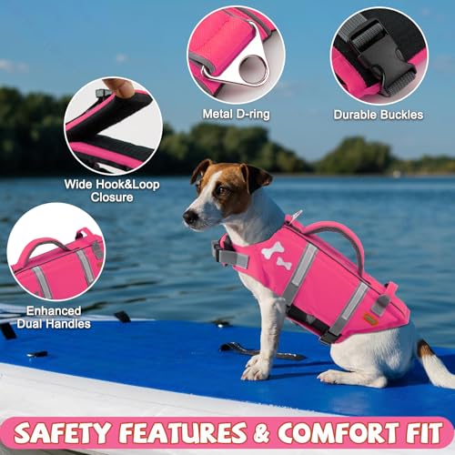 EMUST Dog Life Vests, Adjustable XS Dog Life Jacket with Rescue Handle, Puppy Flotation Vest for Small/Medium/Large Dogs, BrightPink, XS - color: Bright Pink, size: XS