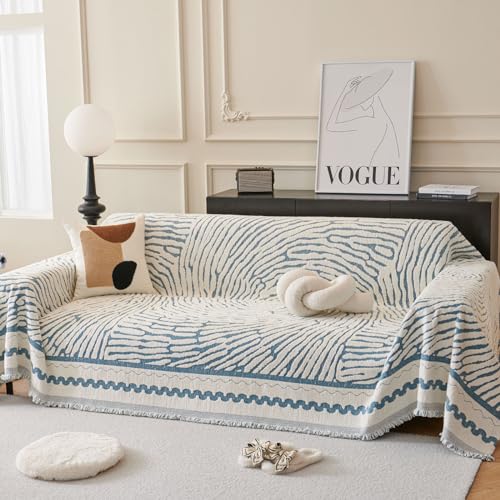 ROOMLIFE Thicked Striped Couch Cover with Tassel Blue Chenille Sofa Cover Blanket for Sectional Sofa, Soft Sofa Slipcovers for L Shaped Love Seat 2-3 Cushion Couch Anti Slip Sofa Protector, 71"x118" - color: Od.blue&beige（volcano）, size: Large(71''*118'')