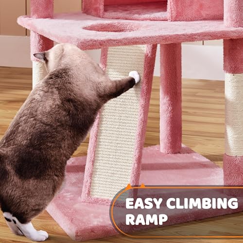 Yaheetech 68.5in Cat Tree for Large Cats, Multi-Level Cat Tower with 3 Wide Perches, Large Condo, Stable Pet Play House w/Sisal-Covered Scratching Posts & Board, Pink - color: Pink, size: 68.5in