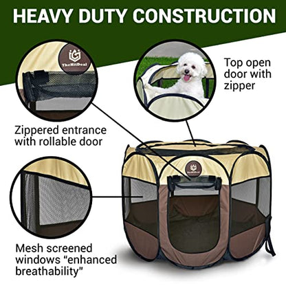 Puppy Playpen – Medium Sized Pet Playpen for Indoor & Outdoor use, Playpen for Dogs, Cats, Pets – Portable Collapsible Small Dog Playpen Crate with Mesh Side Panels - Carry Bag Included