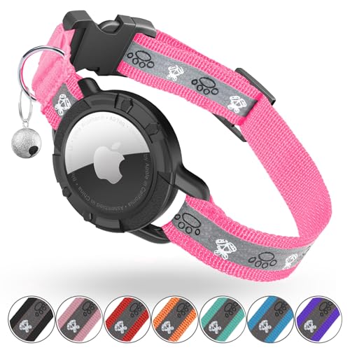 Reflective AirTag Cat Collar, Integrated Cat Tracker Collar with Air Tag Holder and Bell, Safety Elastic Band Cat GPS Collars for Girl Boy Cats, Kittens and Puppies (Hotpink,S) - color: Hot Pink, size: S(9"-13")