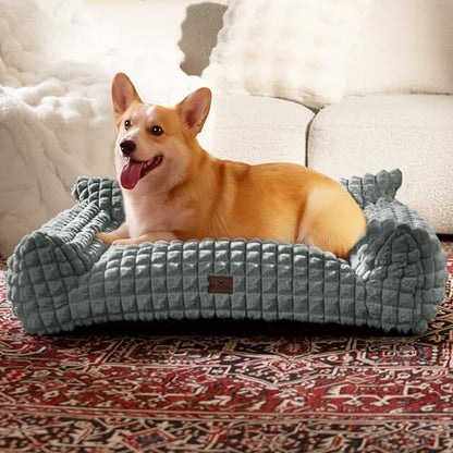 Cute Small & Medium Dog Couch Bed – Supportive & Fluffy Pet Sofa with Faux Rabbit Fur Washable Cover in 3D Diamond Pattern, 36" Grey - color: Grey, size: Large: 36"L x 27"W x 10"Th