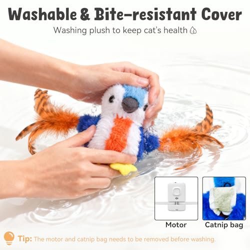 Cat Toys Flapping Bird, Catnip Toys for Indoor Cats Interactive Automatic Kitten Toy Kicker - Baby Plush/Feather/Crinkle, Rechargeable 4 Sounds/Off, Timed & Touch Activated, Clip & Hanging Rope