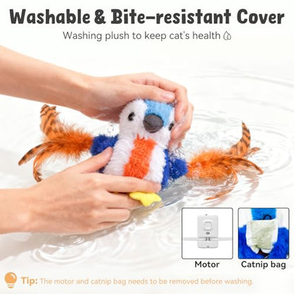 Cat Toys Flapping Bird, Catnip Toys for Indoor Cats Interactive Automatic Kitten Toy Kicker - Baby Plush/Feather/Crinkle, Rechargeable 4 Sounds/Off, Timed & Touch Activated, Clip & Hanging Rope