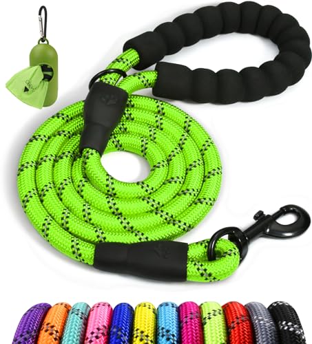 Taglory Rope Dog Leash 4 FT with Comfortable Padded Handle, Highly Reflective Threads Leash and Anti-Tangle Clip for Walking Medium Large Dogs, 1/2 inch, Green - color: Green, size: 1/2" x 4 FT (20~120 lbs.)