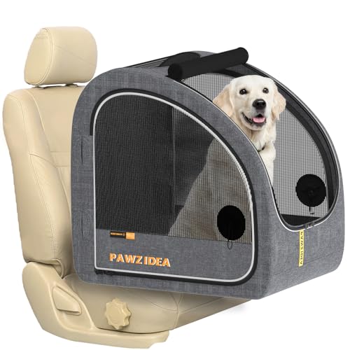 PAWZIDEA Portable Dog Crate for Car Travel, Collapsible Pet Travel Crates for Medium & Large Dogs, Enclosed Soft-Sided Car Kennel Carrier for Backseat, Secures w/Seatbelt & Headrest Strap, Chew-Proof - color: Mid-Hemp Grey, Large