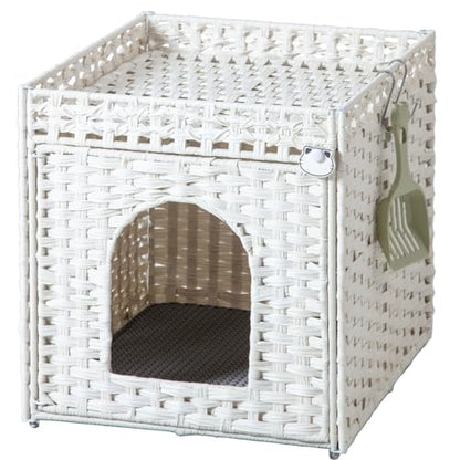 SETVSON Cat Litter Box Enclosure Furniture, Hidden Litter Box with Mat and Fence, Handwoven Rattan Cat House with Two S-Shaped Hooks for Living Room, Bedroom, 18.5 x 20.5 x 19.1 Inches (White - color: White, size: Standard
