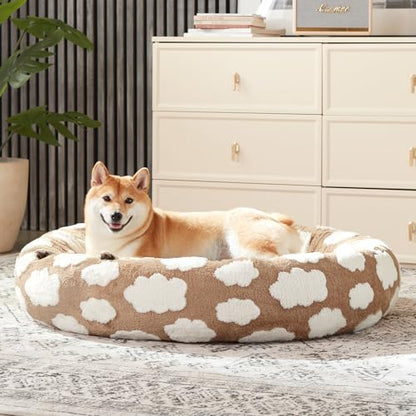 JOEJOY Donut Large Dog Bed, Cute Round Calming Dog Bed with Removable Washable Cover, Orthopedic Pet Beds with Jacquard Shaggy Plush & Non Skid Bottom, Black - color: Brown, size: L (36x36x10)