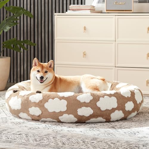 JOEJOY Donut Dog Bed Medium Size Dog, Cute Round Calming Pet Bed with Removable Washable Cover, Orthopedic Puppy Bed with Jacquard Shaggy Plush & Non Skid Bottom - color: Brown, size: M (30x30x8)