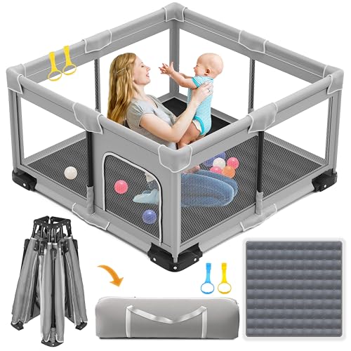 ICAREWAY Foldable Playpen for Babies and Toddlers, 50x50 Inches Portable Playpen, Kids Collapsible Play Pen with 2 Handlers, Indoor & Outdoor Baby Fence Play Area with Visible Mesh, Light Gray - color: Light Gray, size: 50"x50"